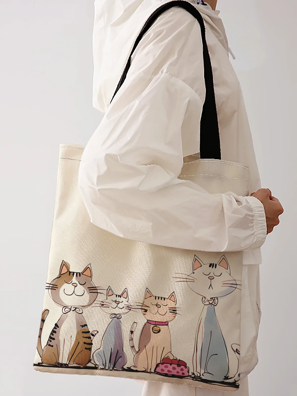 sac fourre-tout avec impression de chatons en dessin animé avec nœud papillon, sac à bandoulière de grande capacité pour le shopping, les voyages et l'usage quotidien