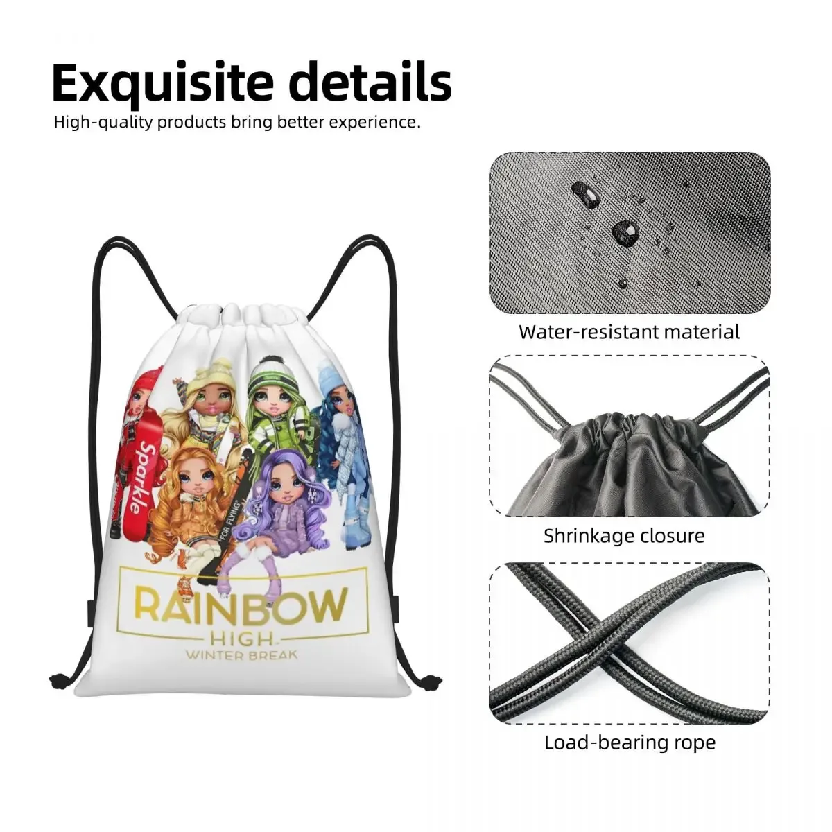 sac à dos personnalisé arc-en-ciel avec cordon de serrage pour pause d'hiver, sac de sport pour femmes et hommes, sac d'entraînement de dessin animé tv