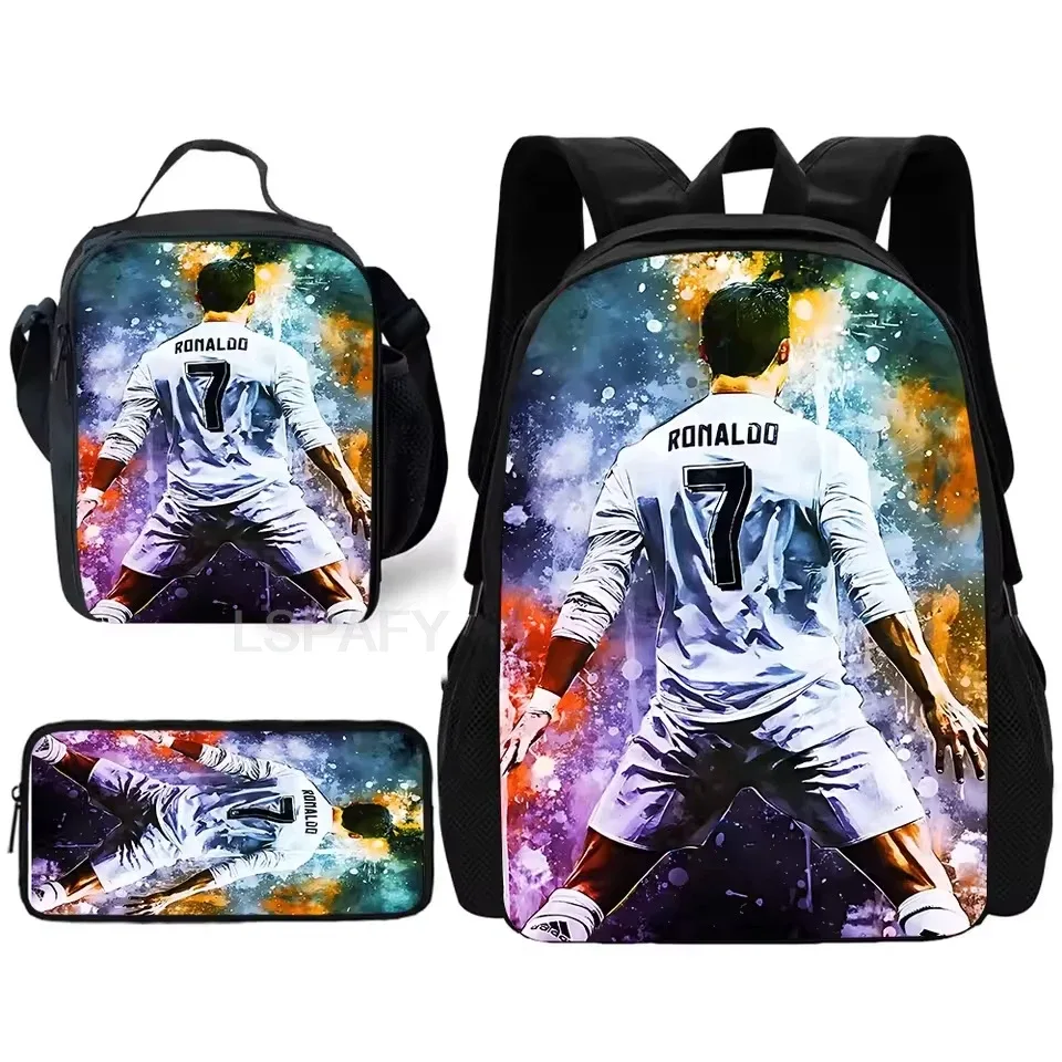 Ensemble de sacs à dos 3 pièces à motif CR7 Soccer Star – Sac à dos décontracté de grande capacité avec pochette et sac fourre-tout assortis, parfait pour le quotidien