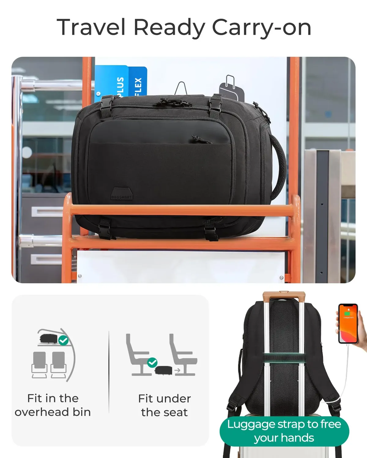 bagsmart sac à dos de voyage léger 30l approuvé pour le vol pour hommes et femmes sac de voyage étanche avec port de chargement usb