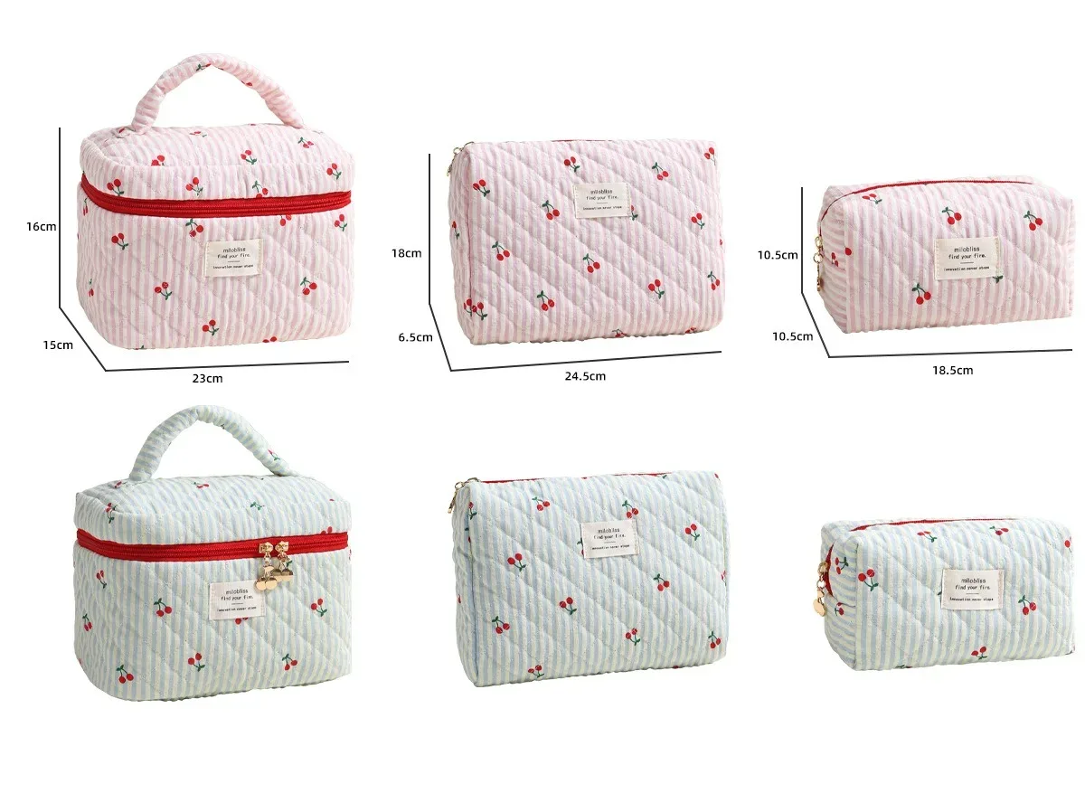 sac à cosmétiques matelassé imprimé cerise rouge ins, version coréenne, rayé, trois couleurs, polyvalent, simple, sac de rangement pour sortir, porte de voyage