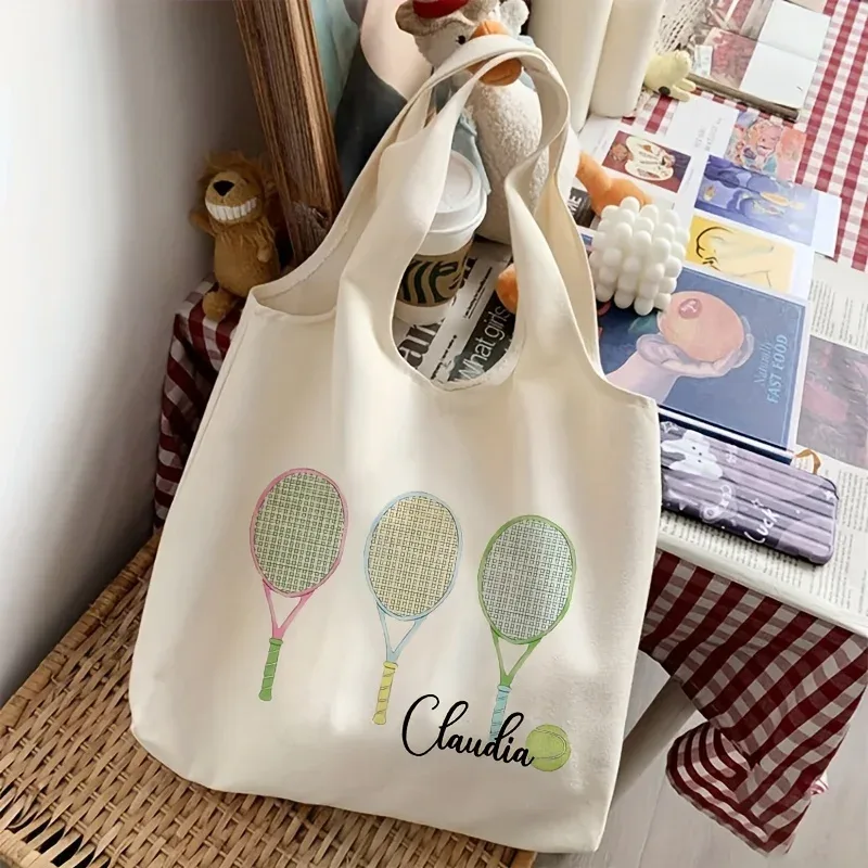 sac fourre-tout personnalisé avec motif tennis et nom, sac à bandoulière littéraire, sac à livres illustré pour fille, cadeau pour joueurs de tennis