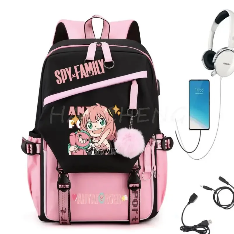 Sac à dos familial éventuelles Y X pour adolescents, charge USB, rose, voyage, sac à dos en toile pour étudiants, Anya Forger, cartables pour garçons et filles