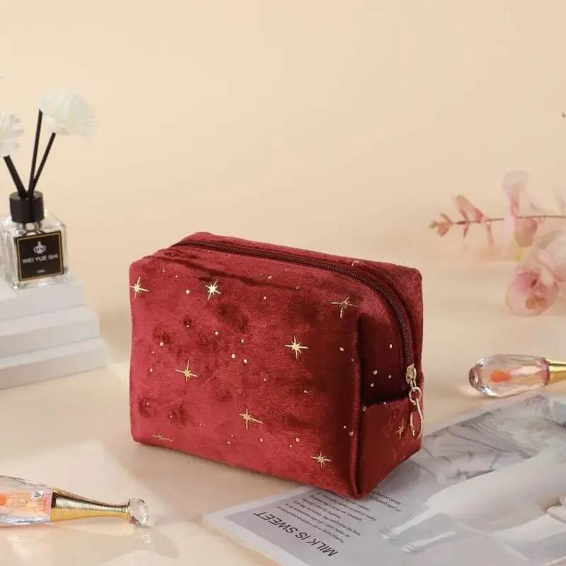 pochette à cosmétiques spacieuse en velours, sac de toilette de voyage avec motif étoile, trousse de maquillage portable pour rouge à lèvres