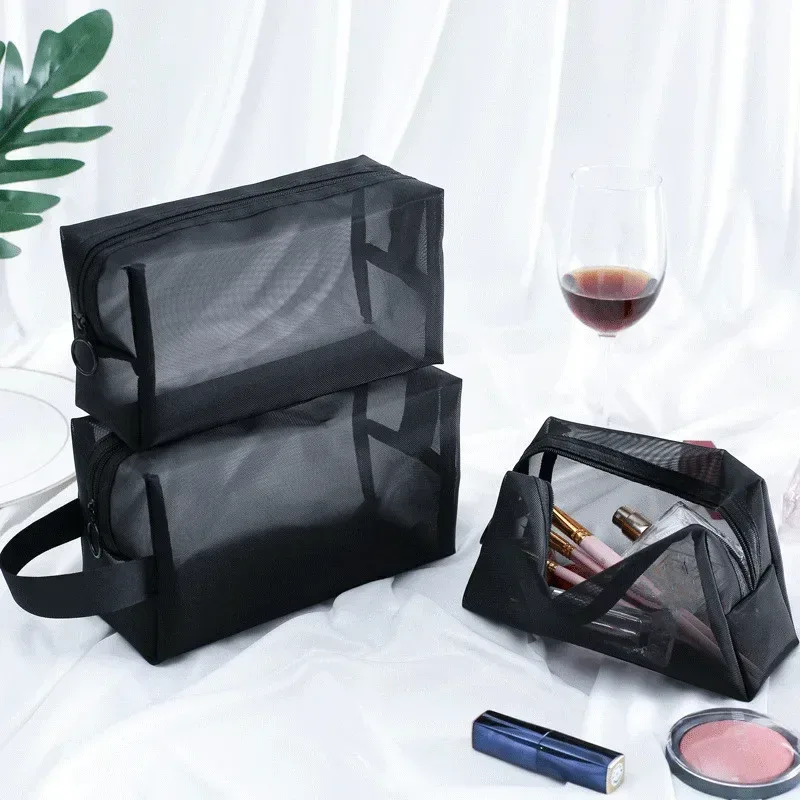 trousse de maquillage noire transparente pour femme, trousse de toilette et cosmétique, ensemble de poudres en