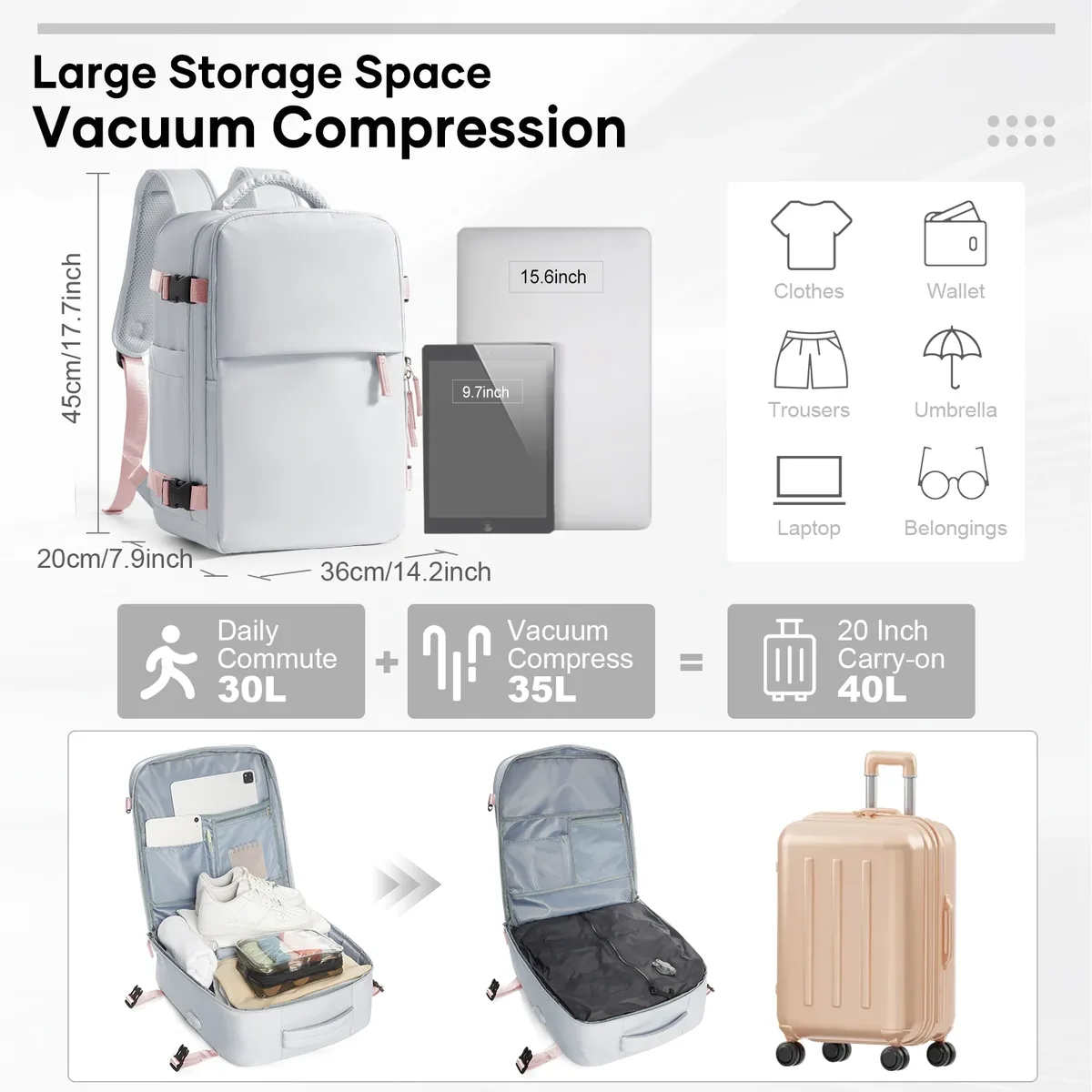 sac à dos sous vide easyjet sac de cabine 45x36x20 sac à dos, bagage à main sac à dos de cabine femmes hommes 15.6 pouces pochette d'ordinateur stockage sous vide