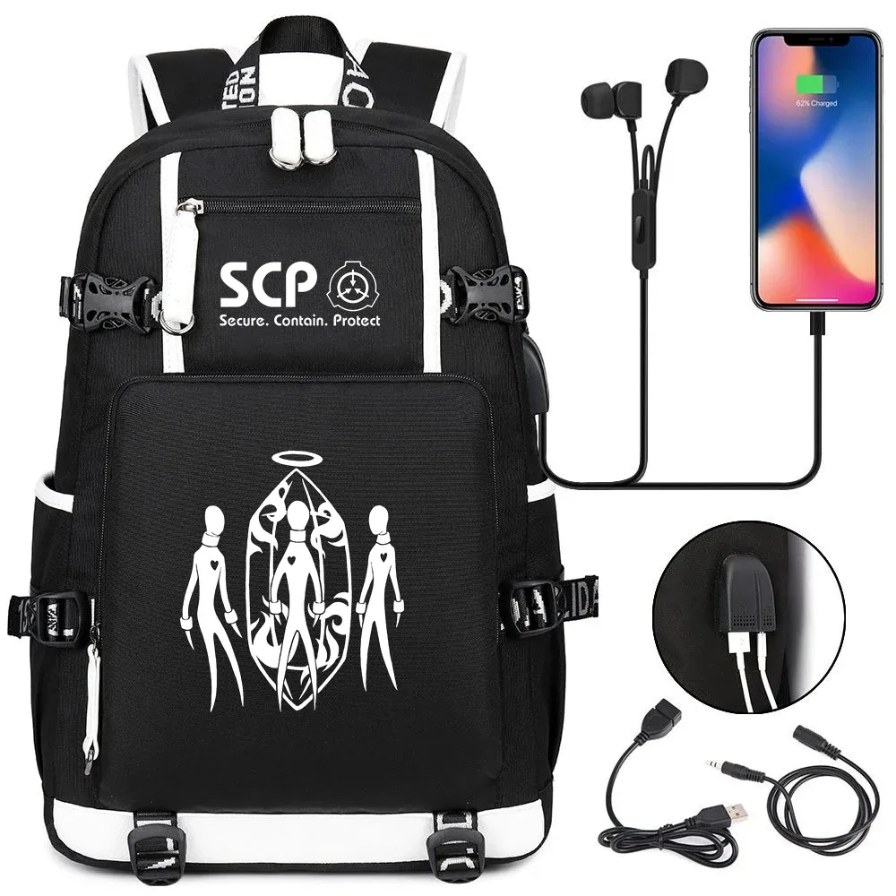 sac à dos scp foundation cartable noir, sacs d'école de dessin animé pour enfants adolescents, sac à dos de voyage scp, sacs initiés par ordinateur portable usb