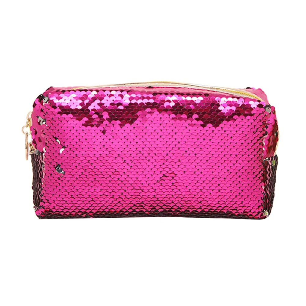 trousse de maquillage portable pour femme, paillettes, fermeture éclair, brosse, trousse de toilette, trousse à cosmétiques, évaluation, voyage
