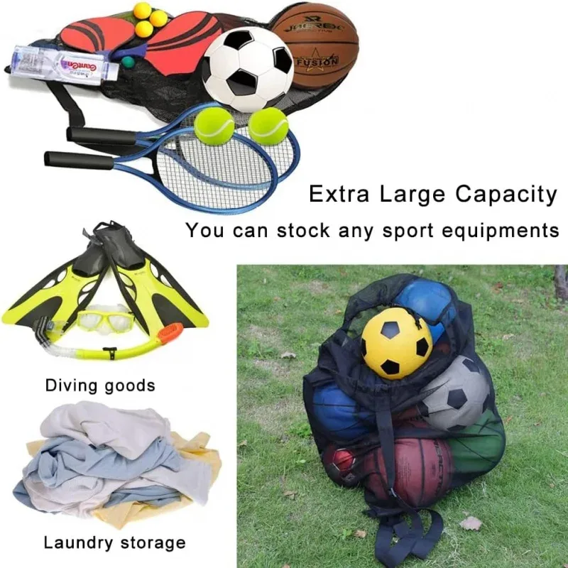 sac à balles en maille robuste, grand sac de rangement pour équipement sportif avec cordon de serrage et bandoulière pour le basketball, le football et le volley-ball