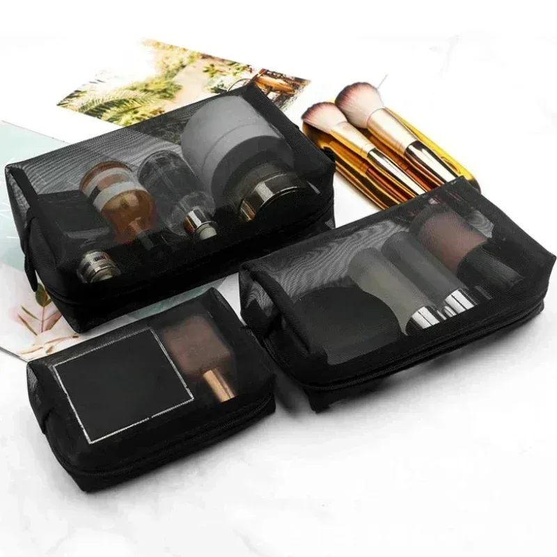 sac à cosmétiques en maille transparente avec fermeture éclair, 1 pièce, organisateur nécessaire pour femmes, petits et grands sacs de toilette noirs, pochette de maquillage