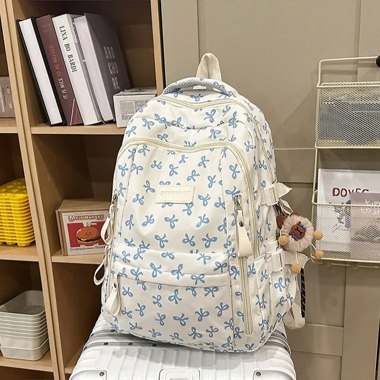 sac à dos en nylon style écolière jeune, capacité 20-35l pour ordinateur portable 14 pouces, motif nœud papillon, bandoulière en arc