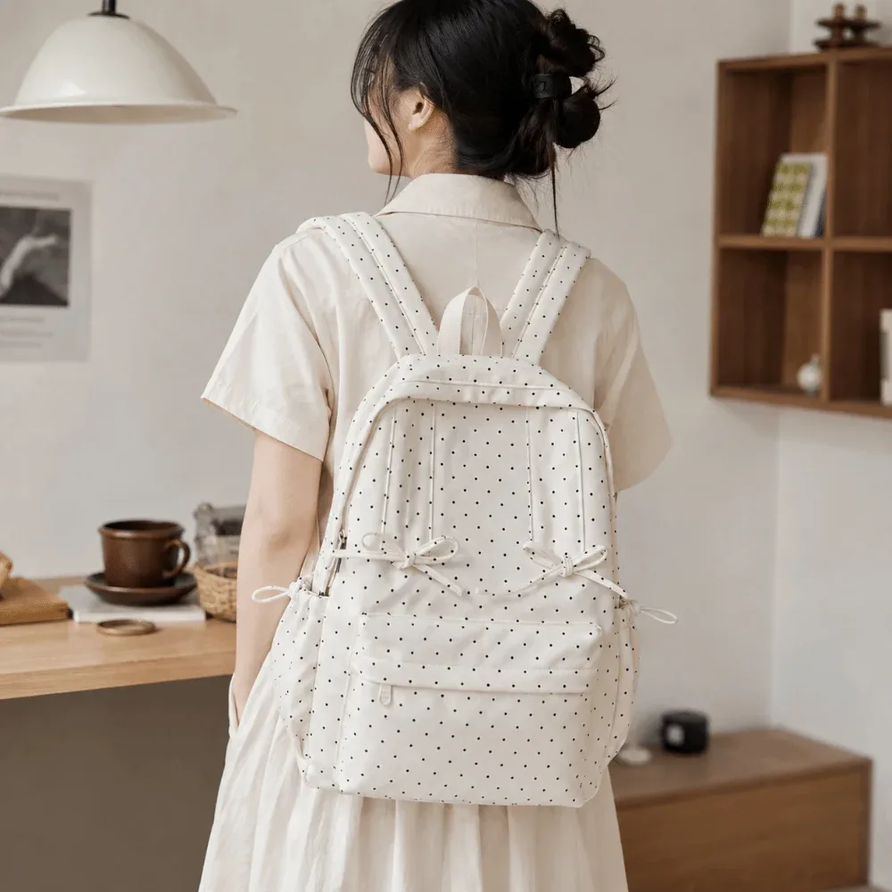 Sac à dos mignon à pois grande capacité léger et minimaliste avec nœud, durable, idéal pour étudiants, cadeau
