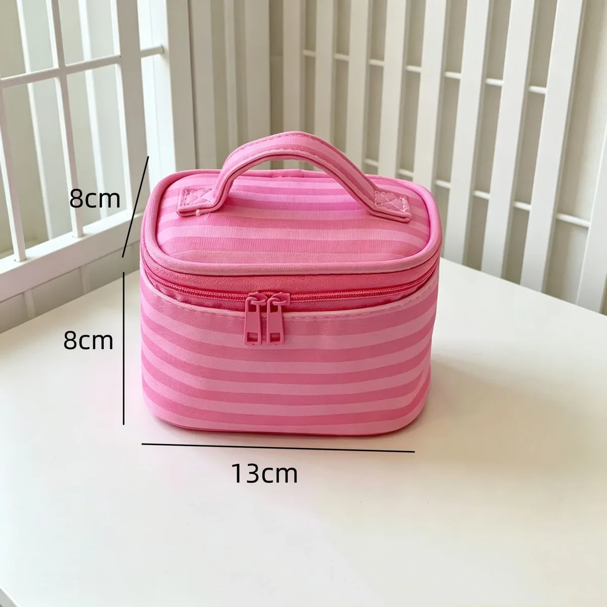 trousse de maquillage portable rose rayée grande capacité avec miroir, pochette de voyage pour cosmétiques et articles de toilette, idéale comme cadeau pour femme