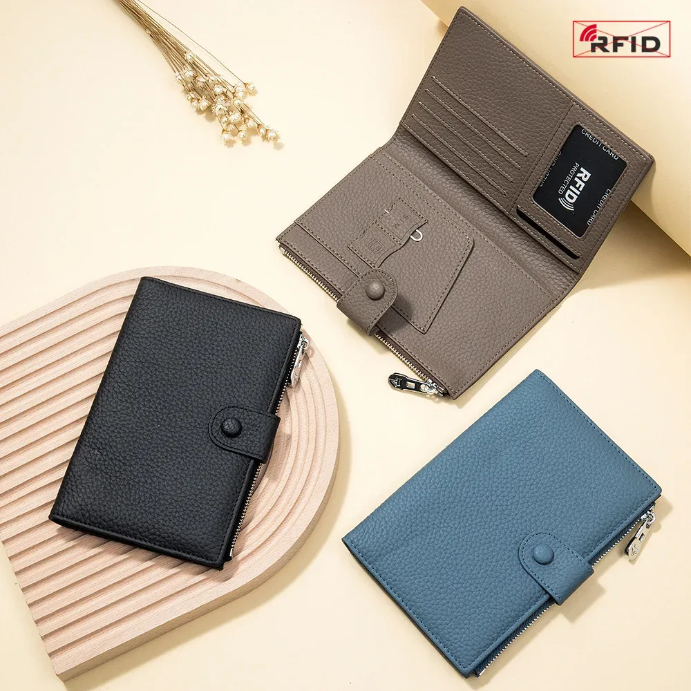 Sac à passeport RFID ultra-fin en cuir véritable pour femme, portefeuille multifonctionnel, porte-billets, porte-documents, nouveau