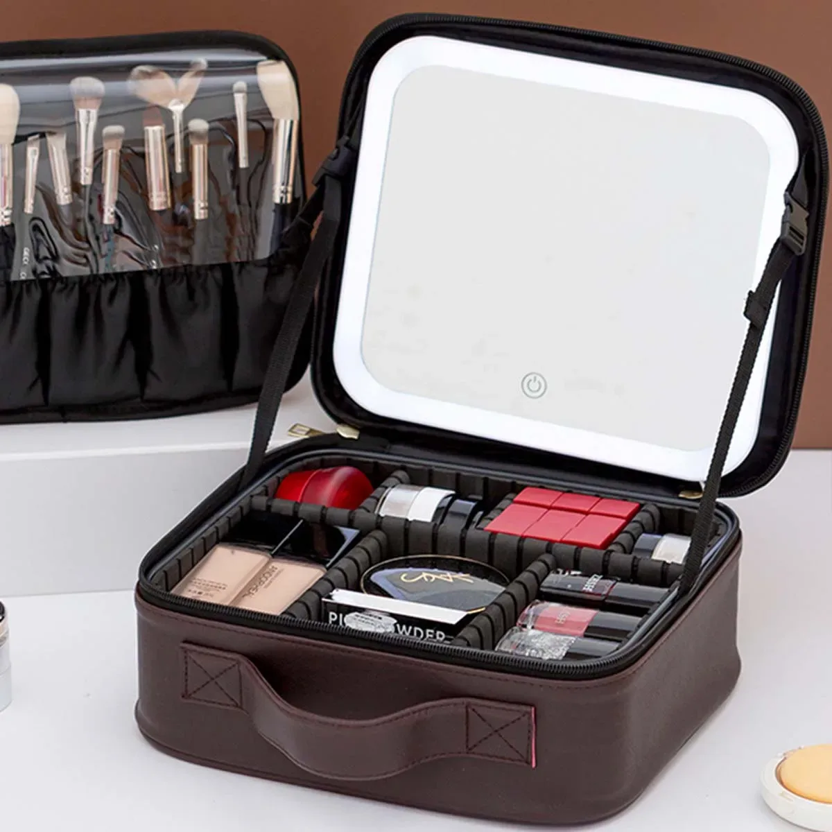 trousse de maquillage de voyage à lumière led avec miroir, grande capacité, sac de rangement avancé, étui de rangement portable, serrure à combinaison
