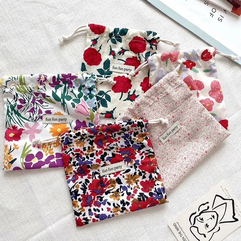 sac de rangement floral en coton et lin pour femme, pochette de maquillage mignonne, rangement de proximité, finition, poudres, bonbons, bijoux, cadeau de noël