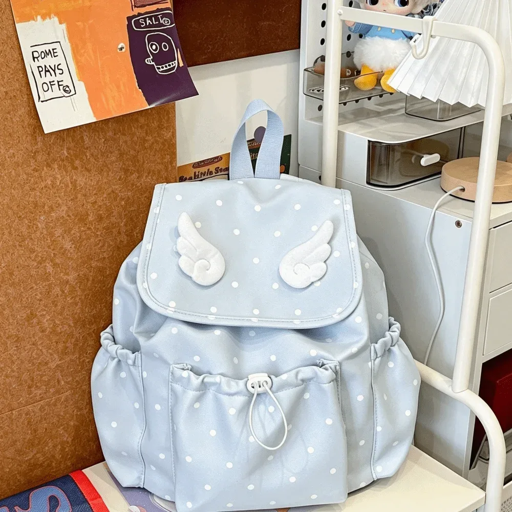 sac à dos à cordon de serrage imprimé à pois, fermeture à cordon, design à rabat, sac à dos pour livres, décor ailes d'ange, style décontracté