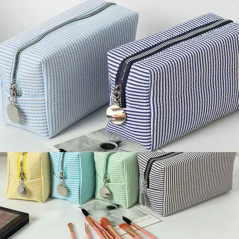 grande trousse de maquillage pour femmes en soie bulle à rayures roses, sac de rangement pour articles de toilette, sac diy pour collations et serviettes hygiéniques