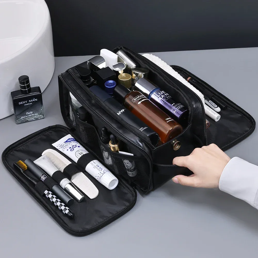 Trousse de toilette de voyage en PU multi-poches pour femmes et hommes, trousse de maquillage essentielle, sac suspendu étanche, sac organisateur de lavage de cosmétiques