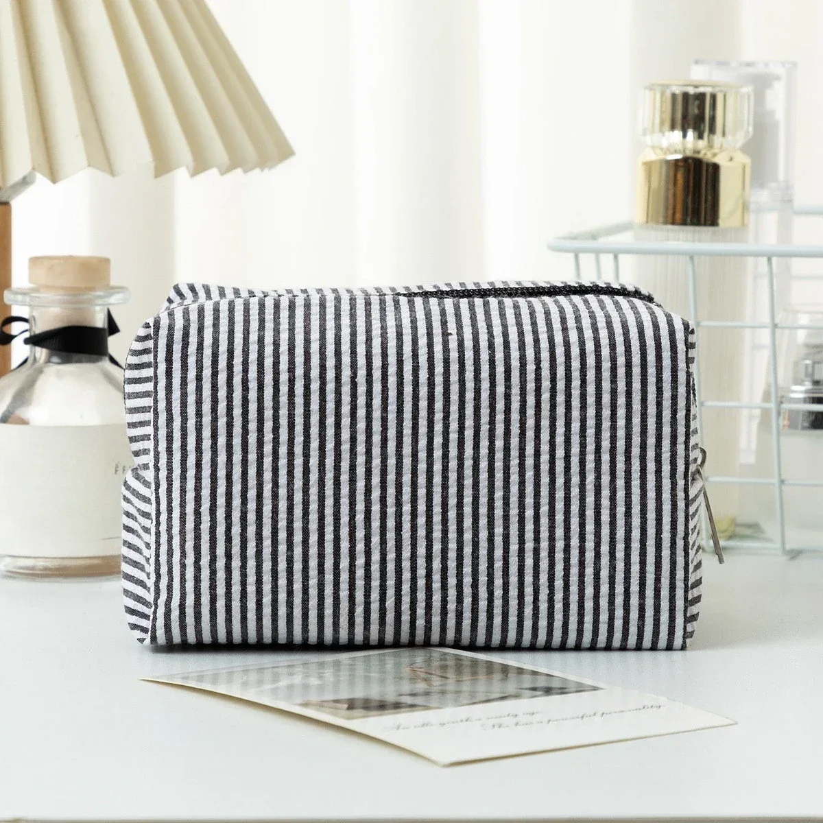 sac à cosmétiques rayé pour femmes, organisateur de maquillage de voyage à la mode, pochette de toilette portable à fermeture éclair pour filles