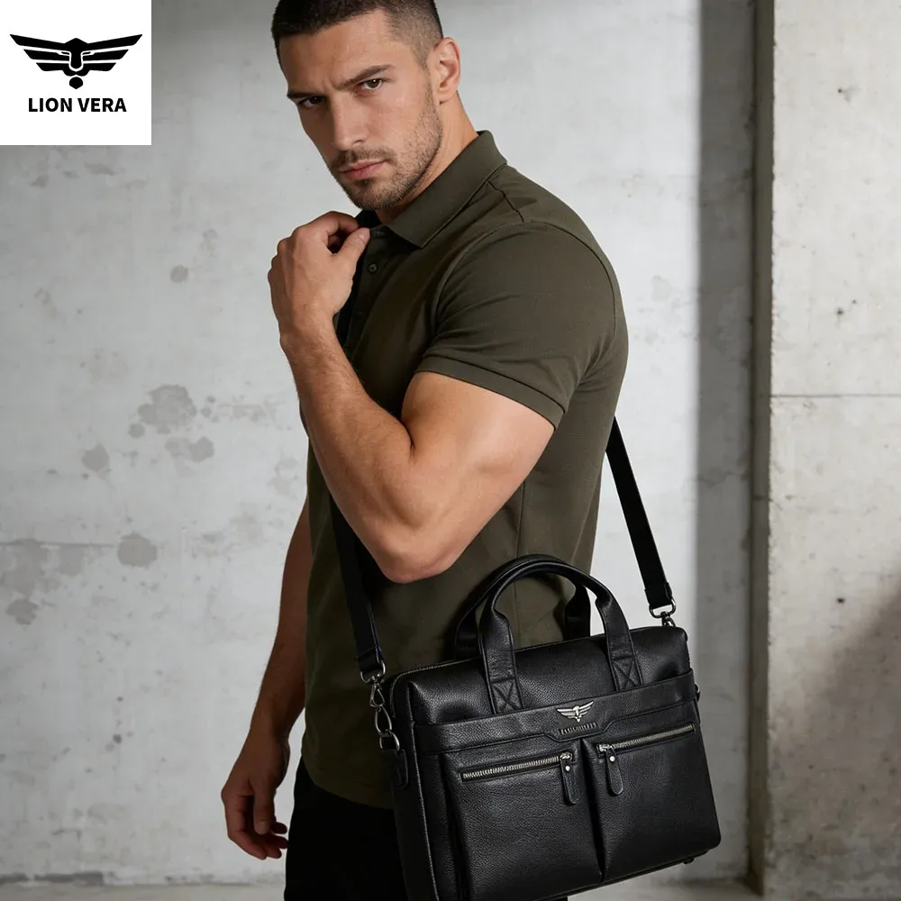 sac de transport professionnel lion vera pour homme, grande capacité, en cuir véritable, bandoulière portable, fermeture éclair, sacoche pour ordinateur portable