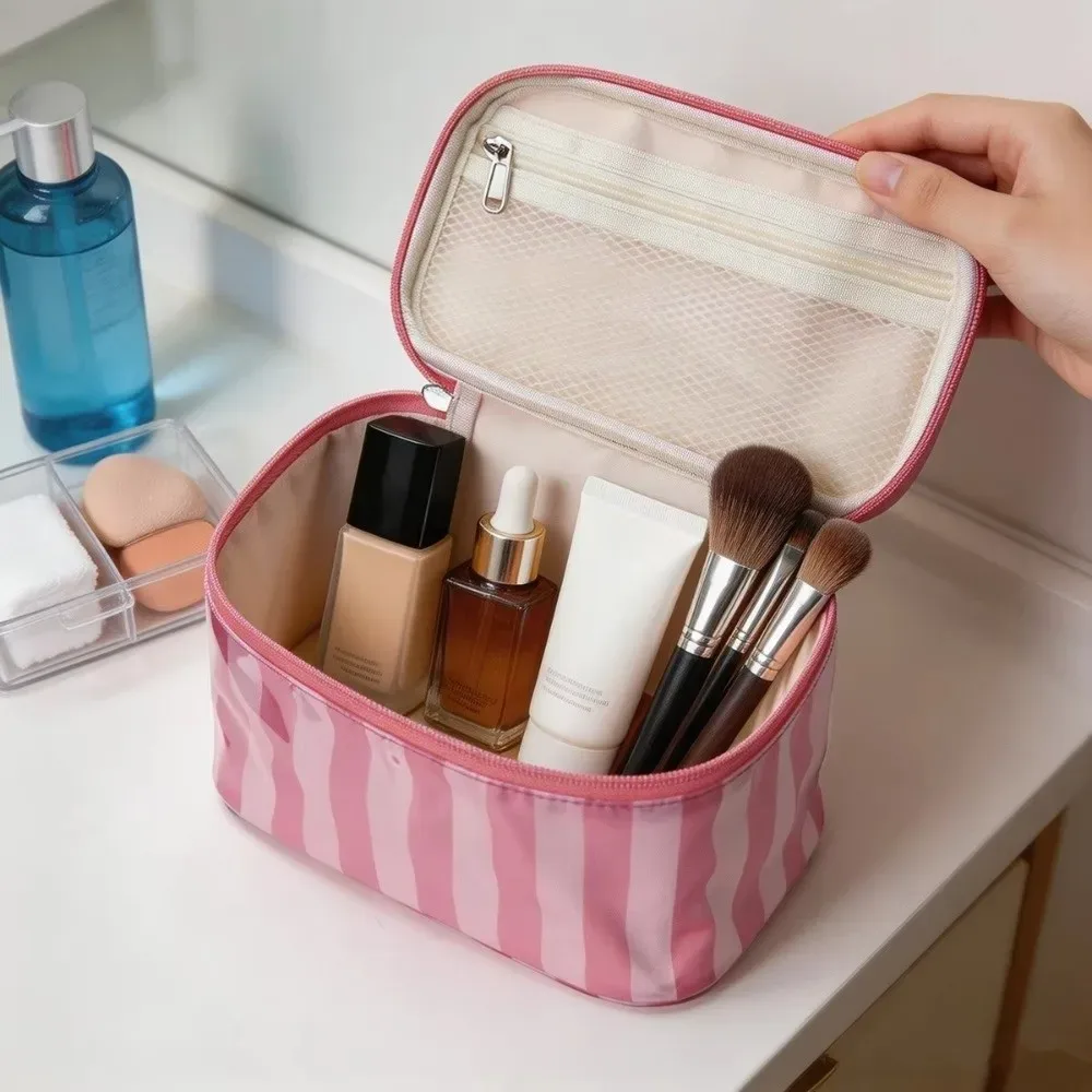 sac de rangement pour articles de toilette à rayures, en pvc imperméable, étui organisateur de maquillage, sac de voyage léger et durable pour cosmétiques