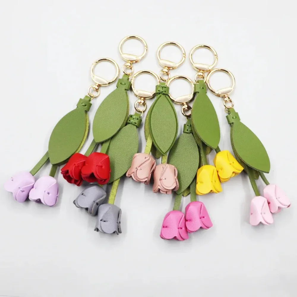 Pendentif de sac tulipe en cuir PU, Dopamine frais, décoration de sac à dos, accessoires assortis, porte-clés de voiture de Style coréen pour fille