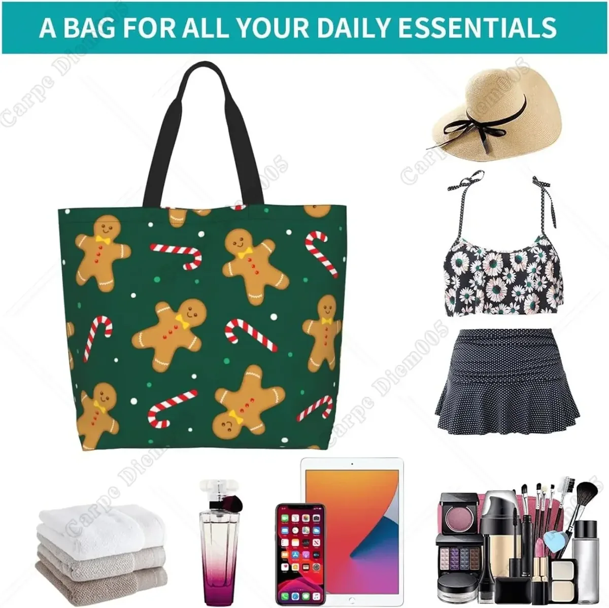 sac fourre-tout bonhomme en pain d'épice pour femme, sac à main de noël, sac à provisions, sac cadeau de plage, travail en plein air, canne en bonbon