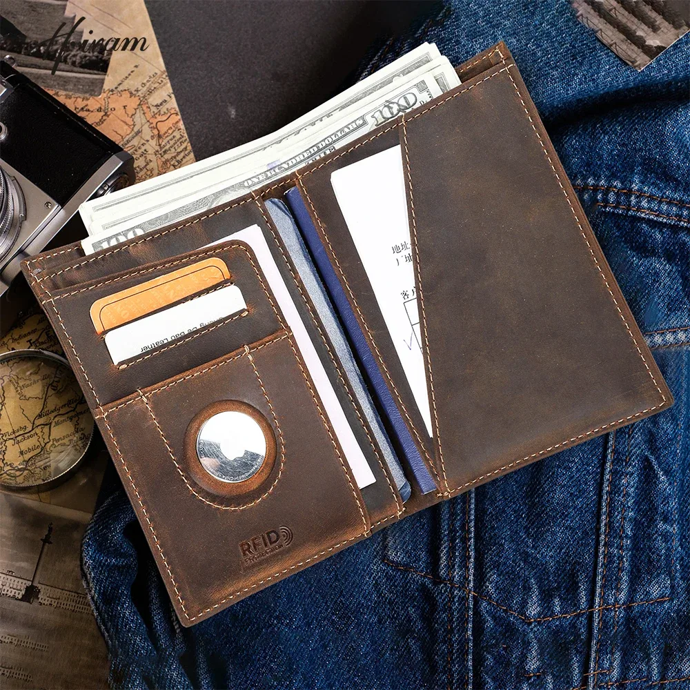 Portefeuille de passeport personnalisé en cuir véritable, housse de protection avec étui pour AirTag, porte-cartes de voyage RFID pour hommes et femmes