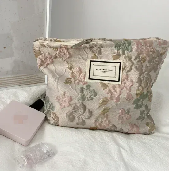 trousse à cosmétiques de beauté florale pour femme, trousse de maquillage, broderie coréenne, velours côtelé, grand sac de rangement de lavage et de toilette, poudres, voyage