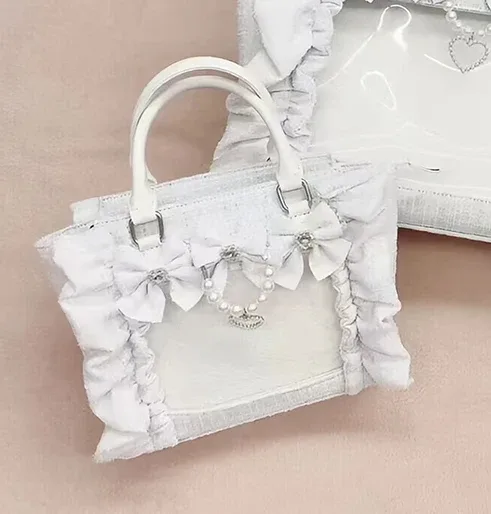sac à main en dentelle à volants pour femmes et filles, sacoche de style japonais, fourre-tout carré avec nœud papillon en perles, sacs à main portables initiés