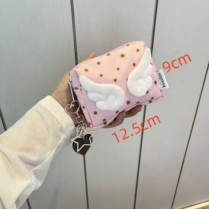 pochette à fermeture éclair avec motif d'ailes d'ange, sac cosmétique à imprimé étoile kawaii, mini organisateur en nylon pour le maquillage et les petits objets