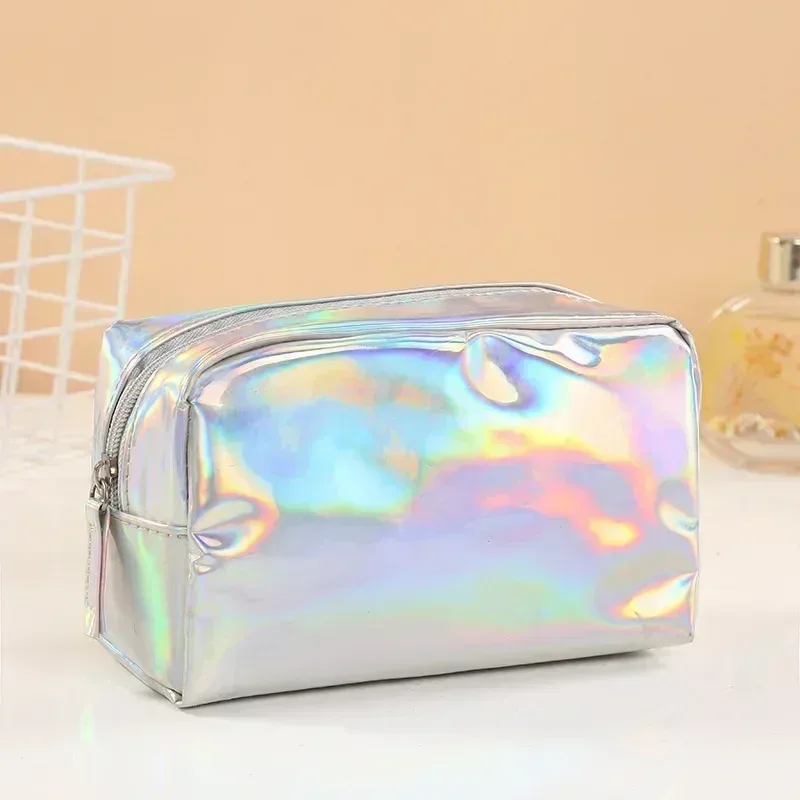 sac de maquillage laser de couleur unie, sac de rangement de lavage de voyage portable, sac de rangement de cosmétiques de toilette de grande capacité à la mode