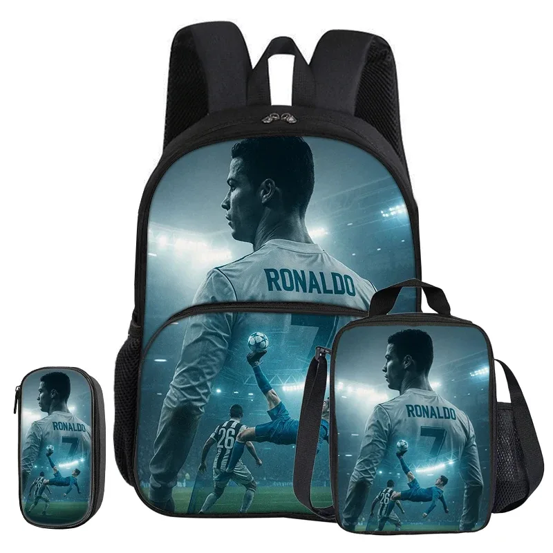 ensemble ronaldo 3 pièces avec sac à dos à poche frontale, sac isotherme pour le sport et le football, et trousse à crayons cr football star