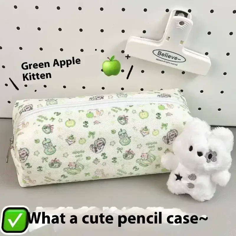 sacs de maquillage imprimés chat pomme vert mignon, 1 pièce, sac à crayons chaton de dessin animé, sac de rangement de papeterie de grande capacité