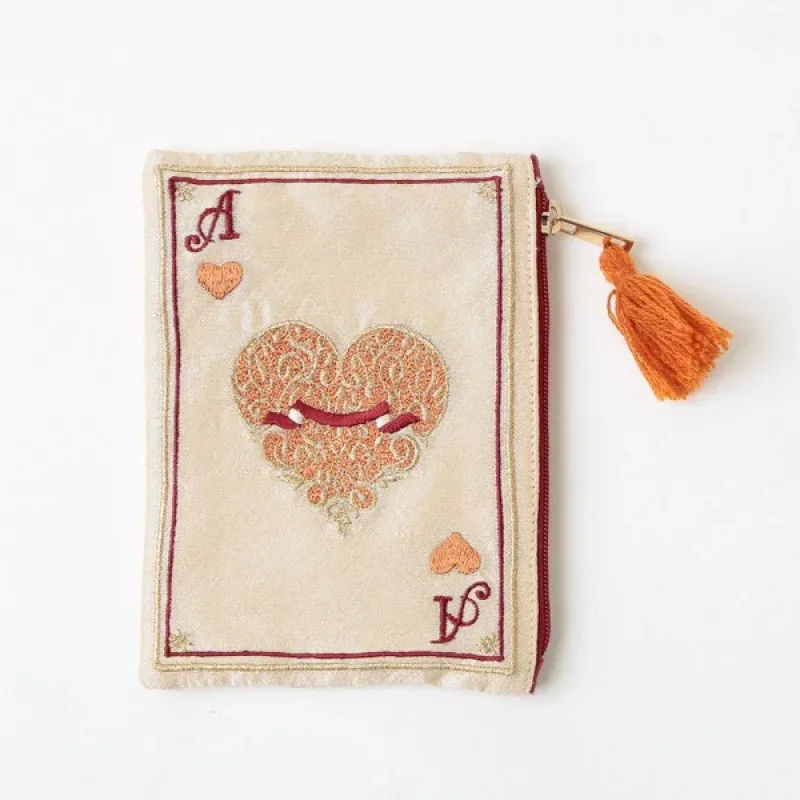 sac de maquillage à motif de carte de poker brodé à la main de style japonais, sac de rangement portable de style ethnique pour cartes de monnaie, sac de rangement à pompon rétro