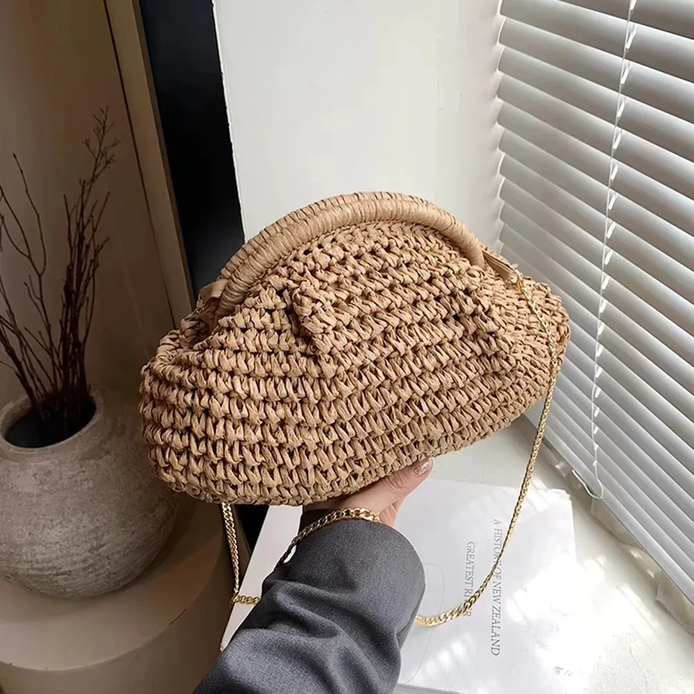 sac tissé en paille pour femmes, pochette en paille avec sangle en chaîne, sac à bandoulière élégant de grande capacité, couleur unie pour la plage d'été