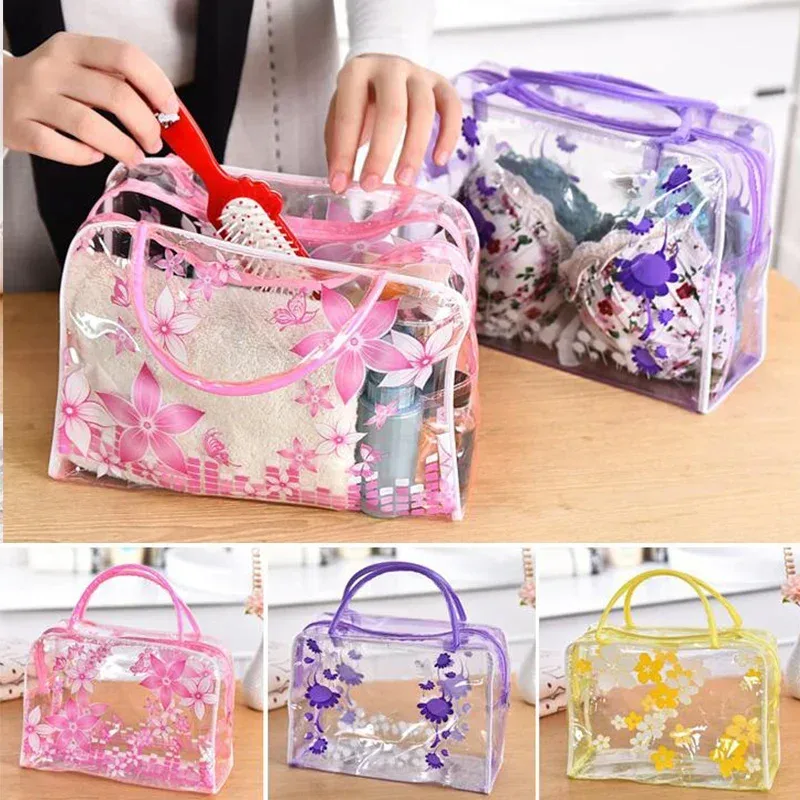 sacs de maquillage portables transparents en pvc, sac à cosmétiques étanche à fleurs pour femmes, sac de range