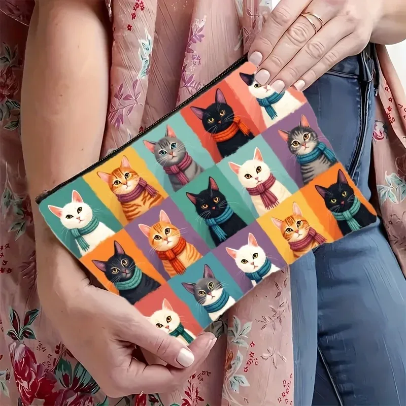 trousse de maquillage imprimée chat mignon avec fermeture à glissière, cadeau portable pour femmes et hommes pour les amoureux des chats, avec visages de chat vibrants et empreintes de pattes