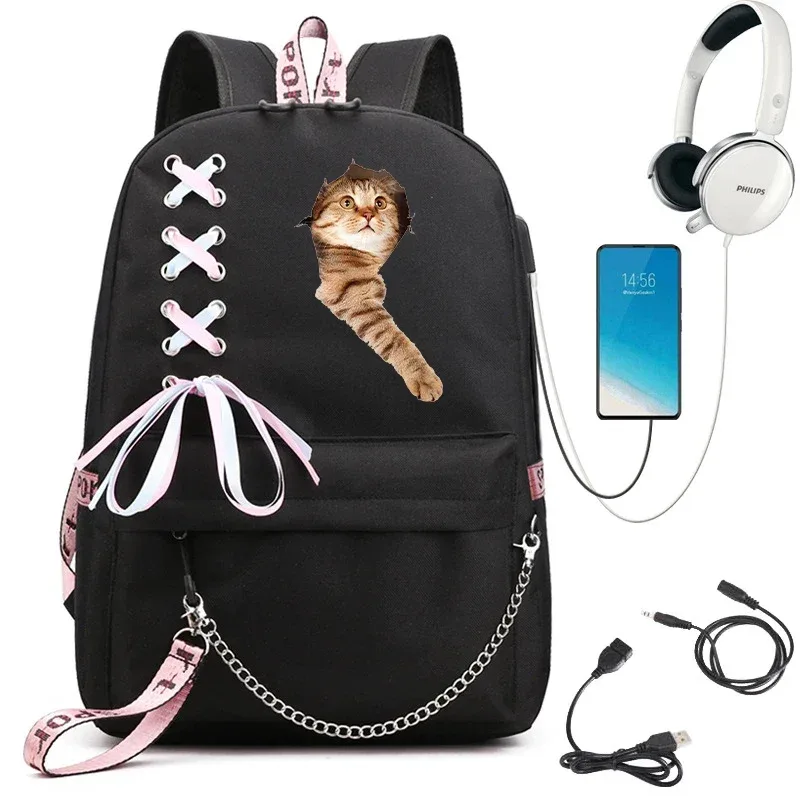 sac à dos imprimé chat kawaii pour femme, sac à dos scolaire noir, sac à dos pour adolescente, sac à dos mochila usb, mode