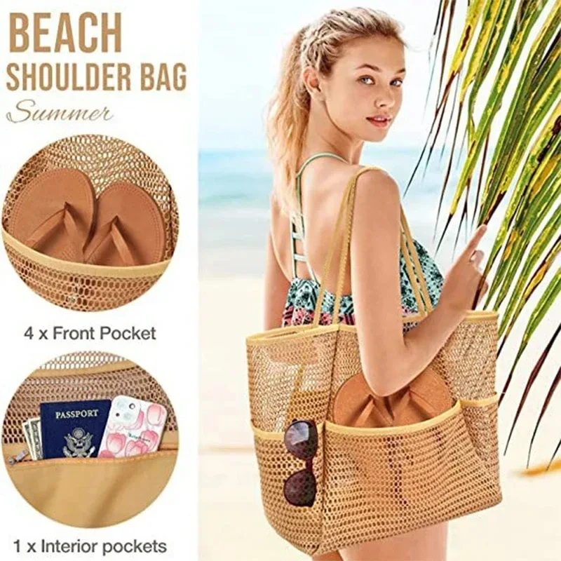 sac à main en maille de plage pour femme, sac de plage de natation pour femme, sac de voyage de grande capacité, sac de rangement portable, sac à main multifonction