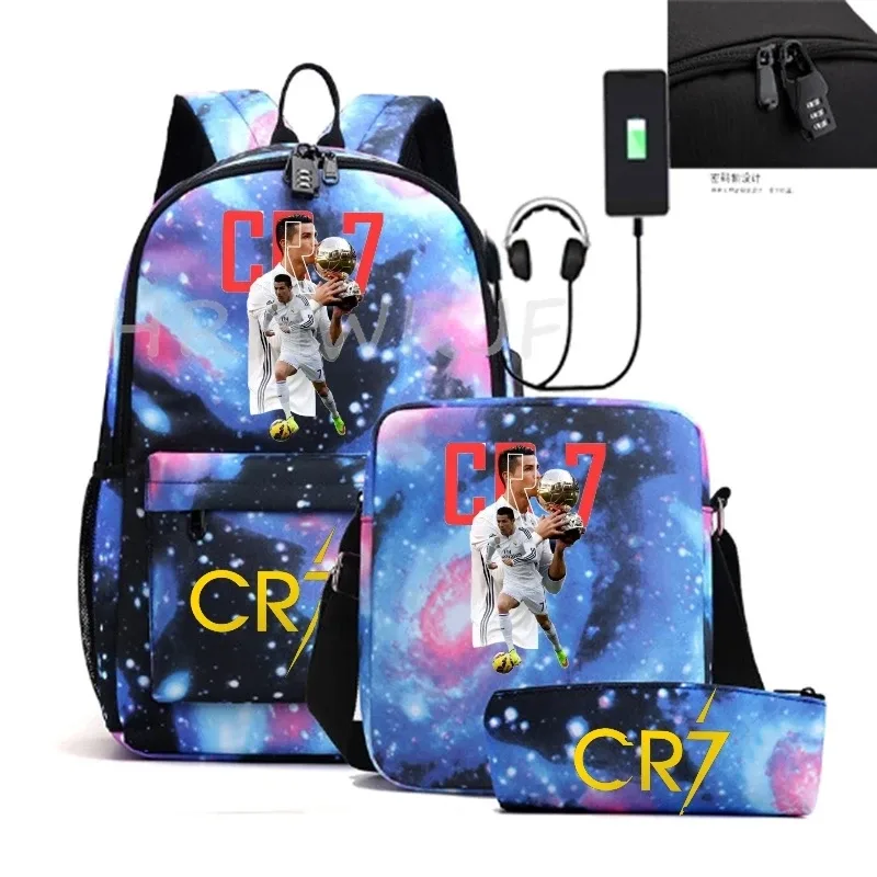 sacs à dos sport décontractés cr7, lot de 3, légers et simples, grande capacité, pour adolescents, ordinateurs portables, école, femmes, hommes, voyage, usb, anti-vol, mochilas
