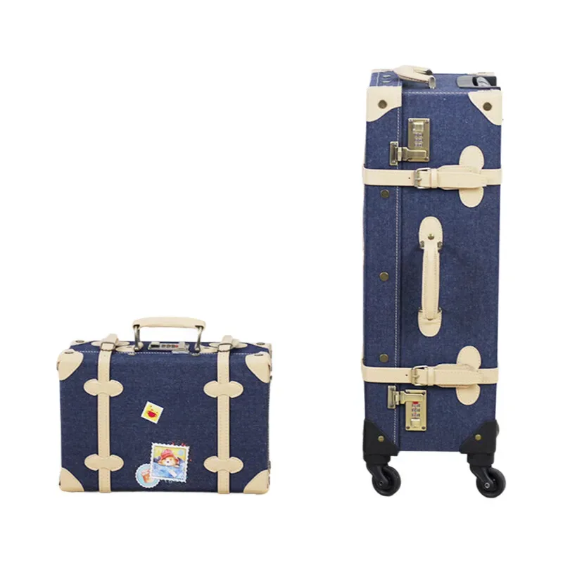 nouvelle valise en patchwork de denim avec coins en cuir faits à la main, roulettes à bagages rigides de voyage vintage de 20/24 pouces