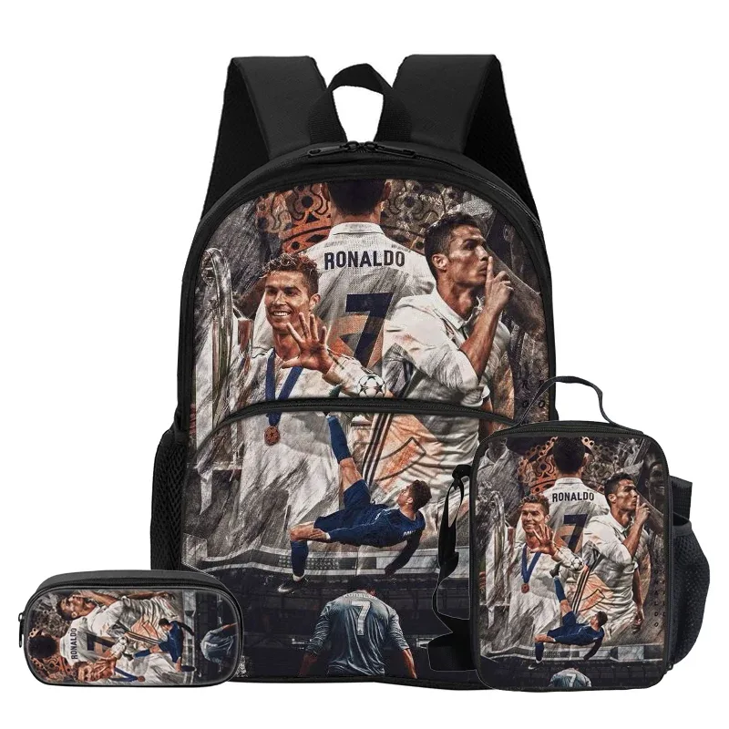 ensemble de 3 pièces avec sac à dos à poche avant ronaldo, sac isotherme pour le déjeuner, trousse à crayons cr, sac à dos de star du football