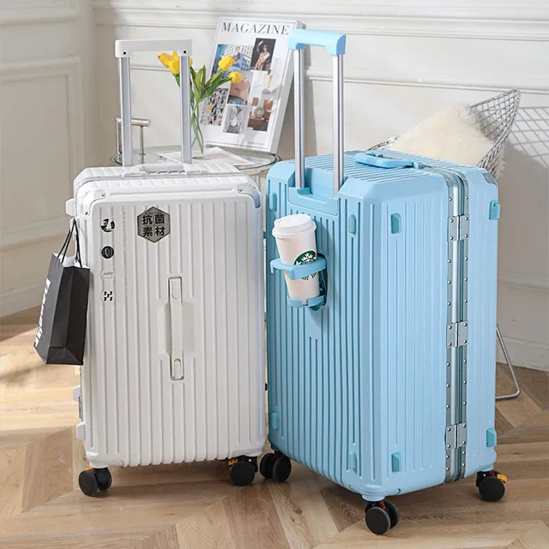 Valise de grande capacité de 36 pouces avec porte-gobelet, valise à roulettes épaissie pour homme, valise de voyage à cadre en aluminium de 28 pouces pour femme