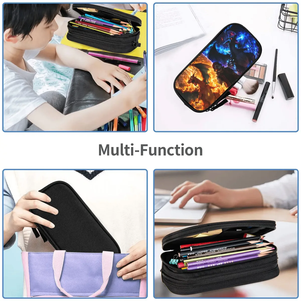 sacs personnalisés pokemon rouge et noir charizard de grande capacité pour enfants, trousse à crayons d'école pour garçons et filles