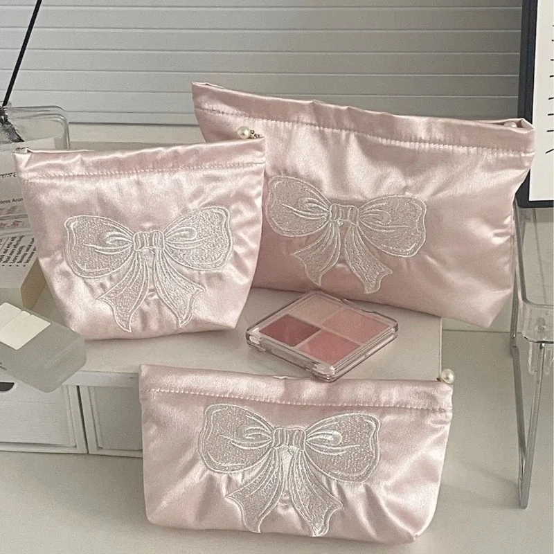sac à cosmétiques avec nœud rose, fermeture éclair, organisateur de toilette brodé mignon, sacs de maquillage multifonctionnels pour femmes, rouge à lèvres, clé, porte-monnaie