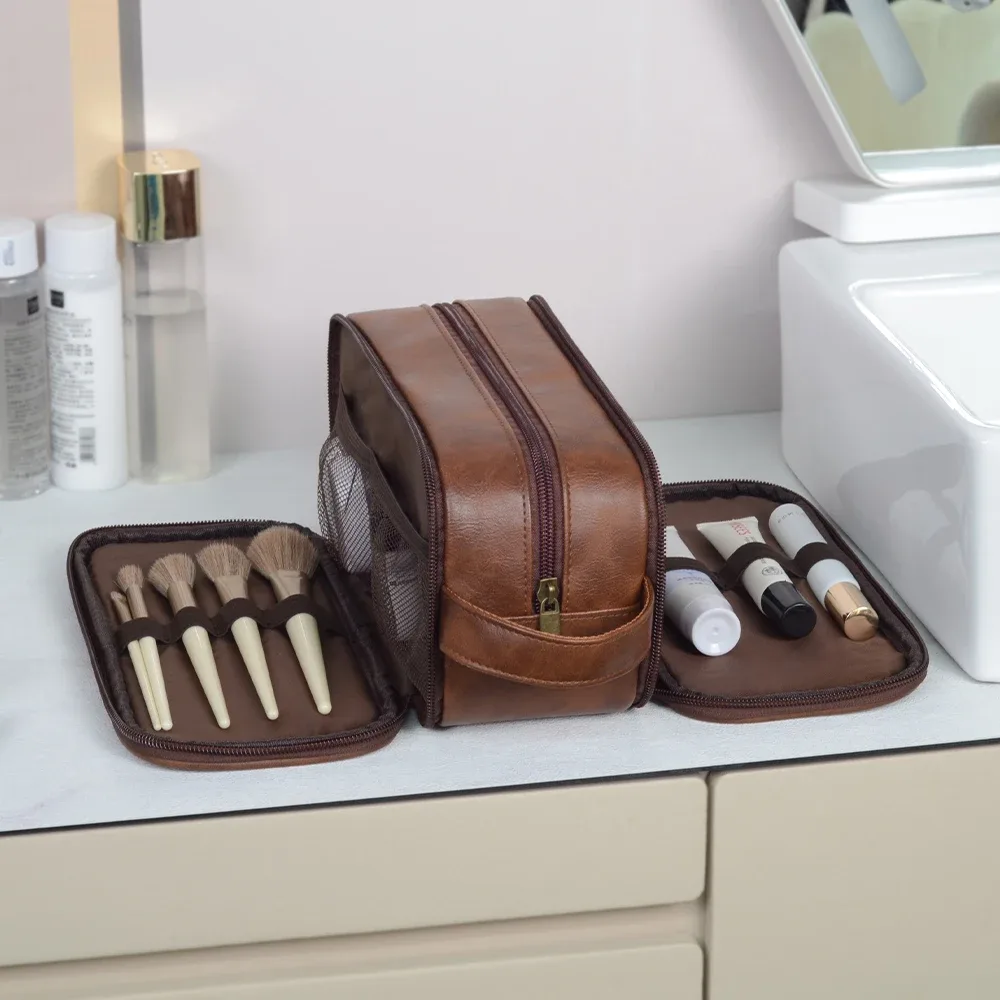 trousse de toilette de voyage pour hommes en cuir résistante à l'eau avec poignée, organisateur polyvalent pour articles de toilette, trousse de toilette personnalisable avec logo, kit dopp