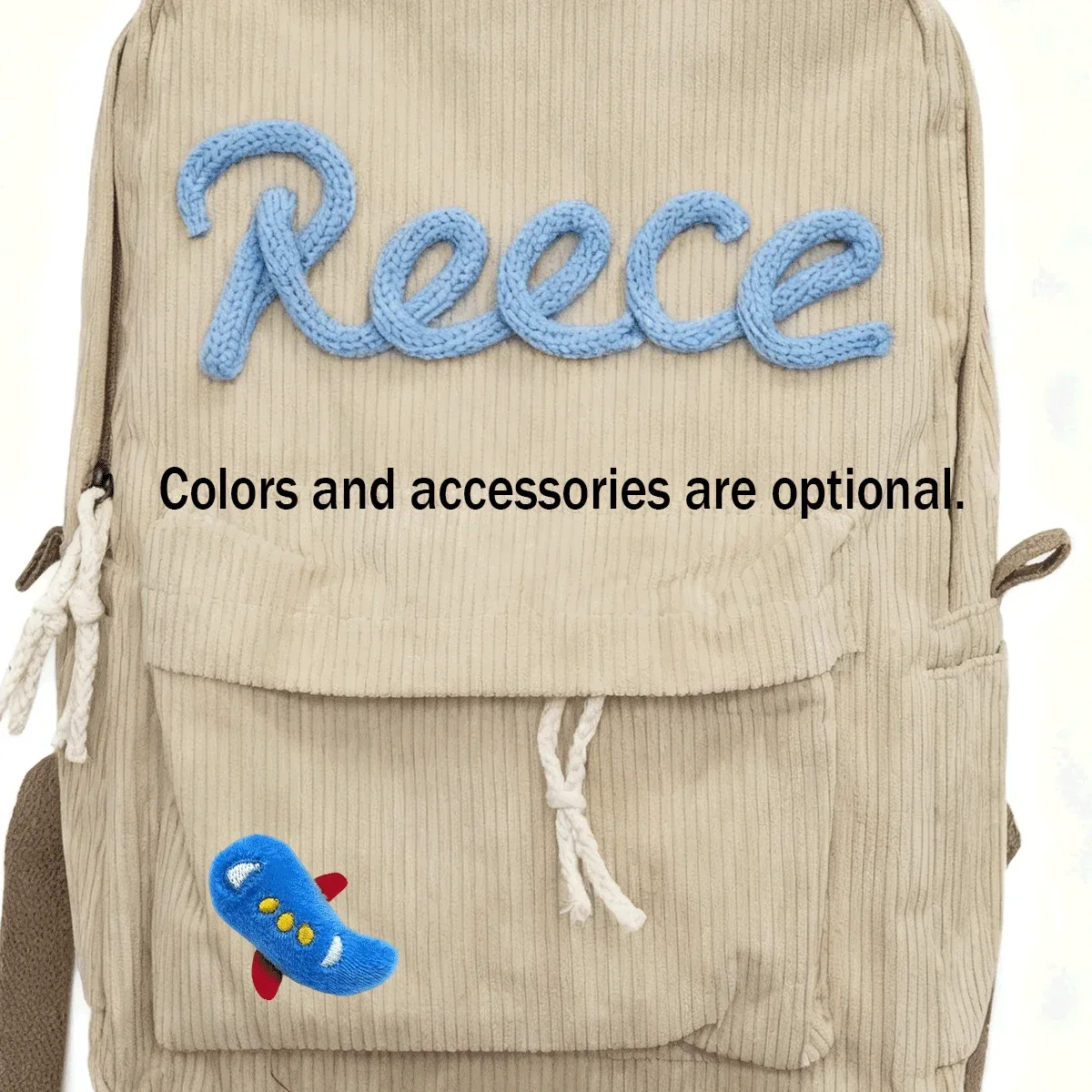 sac à dos unisexe personnalisé en velours côtelé — initiales brodées à la main, design coloré, choix de couleurs et d'accessoires