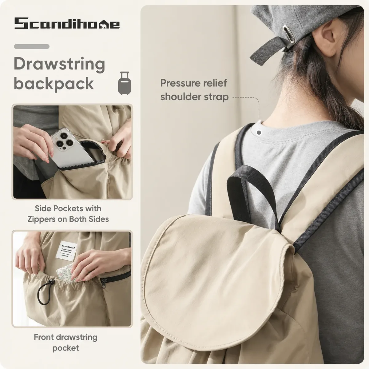 grand sac à dos imperméable en nylon avec cordon de serrage pour hommes et femmes, compartiment pour ordinateur portable, sac à dos d'école, sac de voyage décontracté